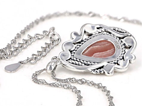 Pink Cabochon Rhodochrosite Rhodium Over Silver Pendant With Chain 12x8mm