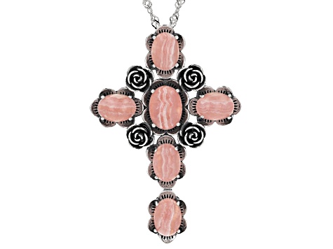 Pink Rhodochrosite Sterling Silver Cross Pendant With 18" Singapore Chain, 8x6mm, 7x5mm