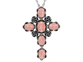 Pink Rhodochrosite Rhodium Over Silver Cross Pendant With Chain