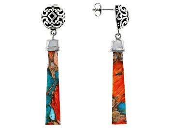 Picture of Blended Turquoise And Spiny Oyster Shell Rhodium Over Silver Dangle Earrings