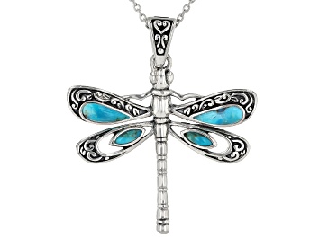 Picture of Turquoise Rhodium Over Silver Dragonfly Enhancer With Chain