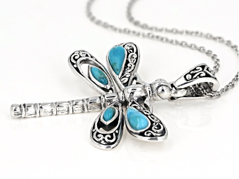 Turquoise Rhodium Over Silver Dragonfly Enhancer With Chain