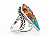 Turquoise and Spiny Oyster Shell Rhodium Over Silver Ring 25x10x5