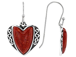 Red Coral Rhodium Over Silver Dangle Earrings