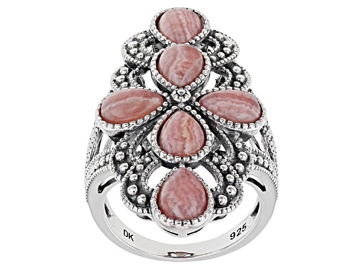 Pink Rhodochrosite Rhodium Over Silver Ring 7x5mm