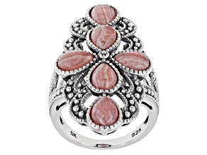 Pink Rhodochrosite Rhodium Over Silver Ring 7x5mm