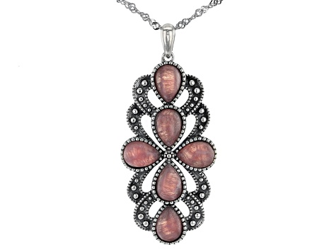 Pink Rhodochrosite Rhodium Over Silver Pendant with Chain