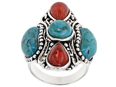 Turquoise and Coral Rhodium Over Sterling Silver 5-Stone Ring