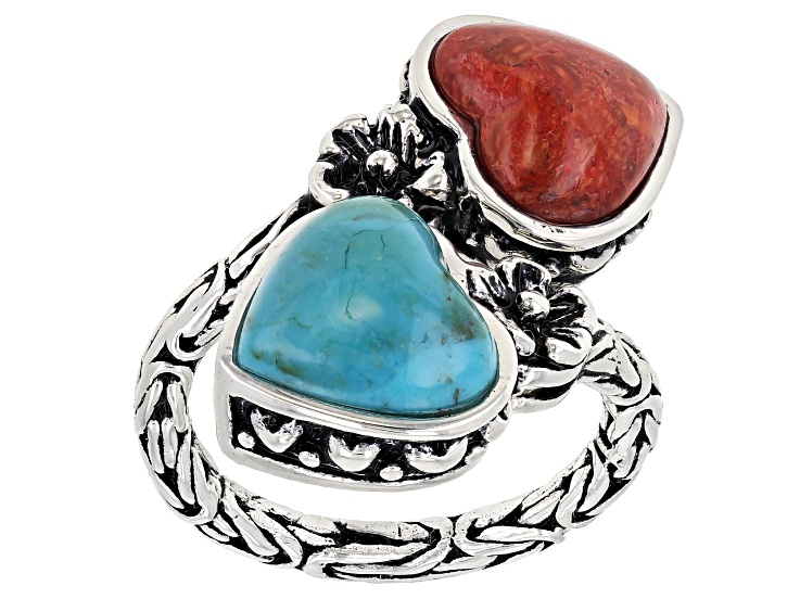 Turquoise and Coral Rhodium Over Sterling Silver 2-Stone Bypass Ring 10.5x10mm