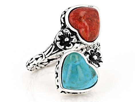 Turquoise and Coral Rhodium Over Sterling Silver 2-Stone Bypass Ring