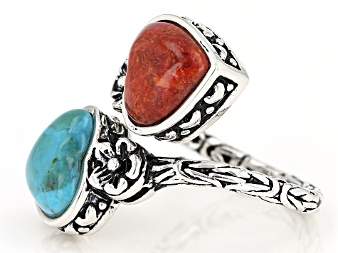 Turquoise and Coral Rhodium Over Sterling Silver 2-Stone Bypass Ring