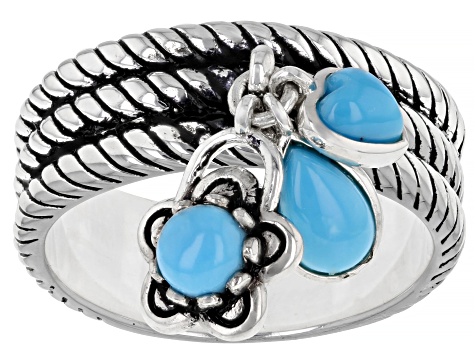 Blue Sleeping Beauty Turquoise Rhodium Over Silver 3- Stone Ring