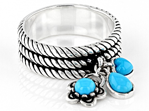 Blue Sleeping Beauty Turquoise Rhodium Over Silver 3- Stone Ring