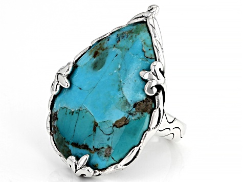 Blue Turquoise Rhodium Over Silver Ring 30x22mm