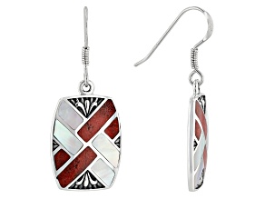 Red Coral Rhodium Over Silver Inlay Earrings