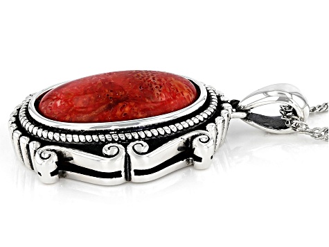 Red Sponge Coral Rhodium Over Silver Pendant with Chain