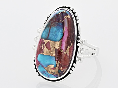 Blended Purple Spiny Oyster with Turquoise Rhodium Over Silver Ring