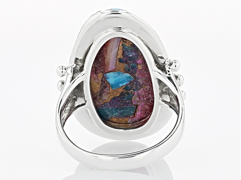 Blended Purple Spiny Oyster with Turquoise Rhodium Over Silver Ring