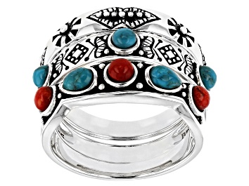 Picture of 3mm Blue Turquoise and 3mm Sponge Coral Sterling Silver Set of 3 Rings 4x3mm