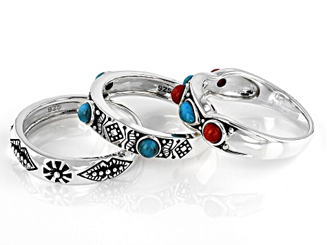 Blue Turquoise and Sponge Coral Sterling Silver Set of 3 Rings