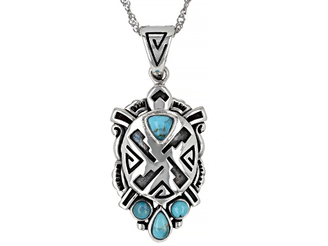 Blue Turquoise Rhodium Over Sterling Silver Turtle Enhancer with 18" Chain