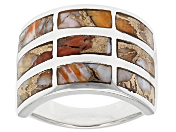 Picture of Spiny Oyster Shell In Matrix Rhodium Over Sterling Silver Inlay Ring