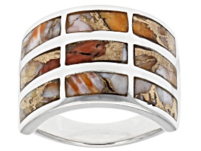 Spiny Oyster Shell In Matrix Rhodium Over Sterling Silver Inlay Ring