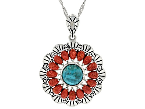 Turquoise with Pear Shaped Coral Rhodium Over Sterling Silver Pendant with 18" Chain