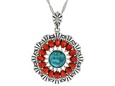 Turquoise with Pear Shaped Coral Rhodium Over Sterling Silver Pendant with 18" Chain