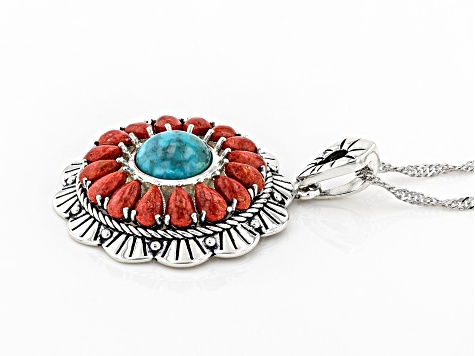 Turquoise with Pear Shaped Coral Rhodium Over Sterling Silver Pendant with 18" Chain