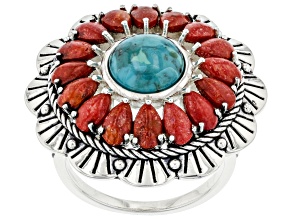 Turquoise with Pear Shaped Coral Rhodium Over Sterling Silver Floral Ring