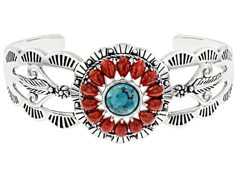 Turquoise with Pear Shaped Coral Rhodium Over Sterling Silver Cuff Bracelet