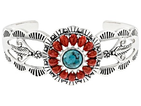 Turquoise with Pear Shaped Coral Rhodium Over Sterling Silver Cuff Bracelet