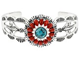 Turquoise with Pear Shaped Coral Rhodium Over Sterling Silver Cuff Bracelet