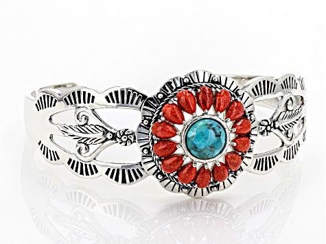 Turquoise with Pear Shaped Coral Rhodium Over Sterling Silver Cuff Bracelet