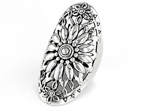 Rhodium Over Sterling Silver Floral Design Dome Ring