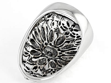 Rhodium Over Sterling Silver Floral Design Dome Ring