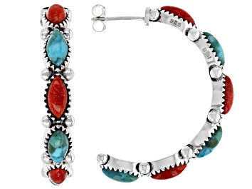 Picture of Turquoise and Red Sponge Coral Rhodium Over Silver J Hoop Earrings