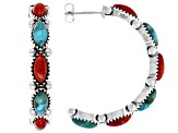 Turquoise and Red Sponge Coral Rhodium Over Silver J Hoop Earrings