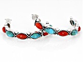 Turquoise and Red Sponge Coral Rhodium Over Silver J Hoop Earrings