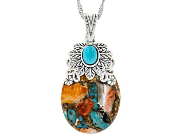 Picture of Blue Sleeping Beauty Turquoise and Spiny Shell Rhodium Over Silver Enhancer With 18" Chain
