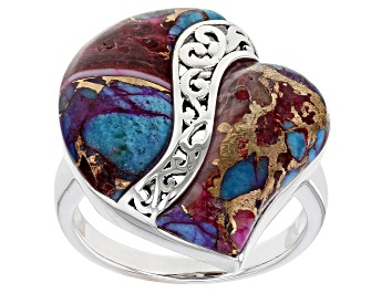 Picture of Purple Spiny Oyster Shell and Blue Turquoise Rhodium Over Silver Heart Ring