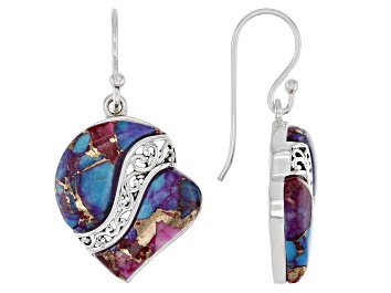 Picture of Blended Purple Spiny Oyster Shell & Turquoise Rhodium Over Silver Heart Earrings