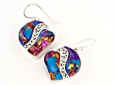 Blended Purple Spiny Oyster Shell & Turquoise Rhodium Over Silver Heart Earrings