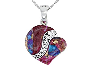 Blended Purple Spiny Oyster Shell & Turquoise Rhodium Over Silver Heart Enhancer with 18" Chain