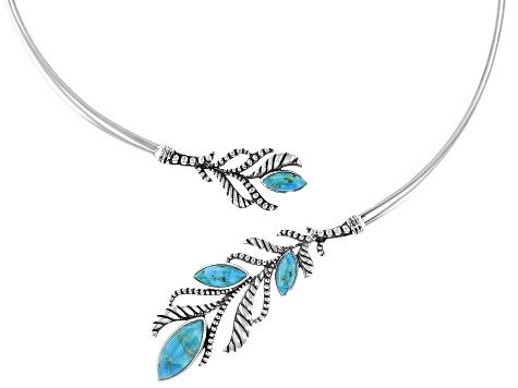 Turquoise Rhodium Over Sterling Silver Collar Feather Necklace