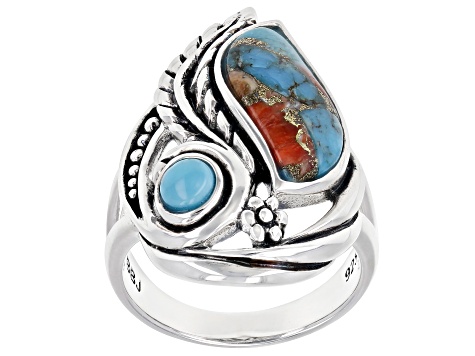 Spiny Oyster Shell & Turquoise Rhodium Over Silver Ring - SWE2860 | JTV.com