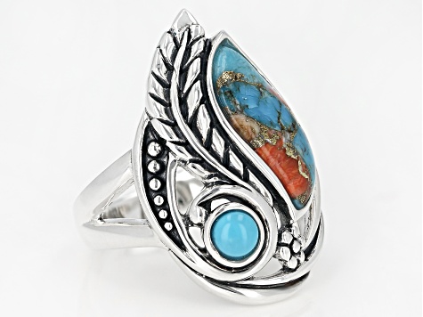 Spiny Oyster Shell & Turquoise Rhodium Over Silver Ring - SWE2860 | JTV.com