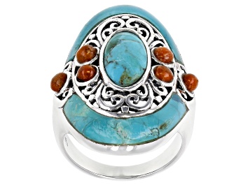 Picture of Turquoise and Coral Rhodium Over Sterling Silver Ring