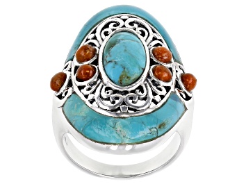 Picture of Turquoise and 3mm Coral Rhodium Over Sterling Silver Ring 14x6mm